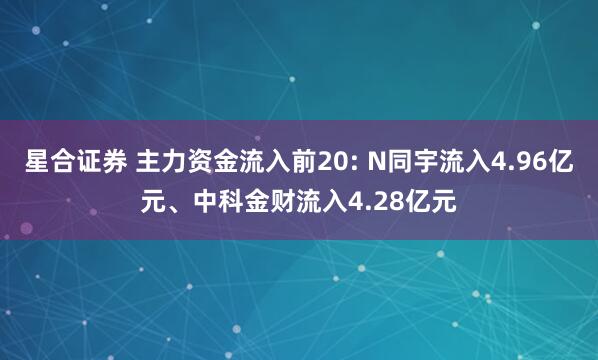 星合证券 主力资金流入前20: N同宇流入4.96亿元、中科金财流入4.28亿元